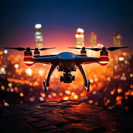 drone hovering over a city skyline at night, illuminated by urban lights.