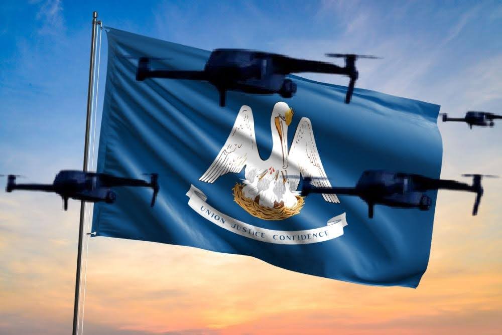 Louisiana state flag with drones flying over it