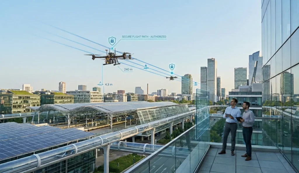 Drone flying over urban landscape, drone enforcement needed