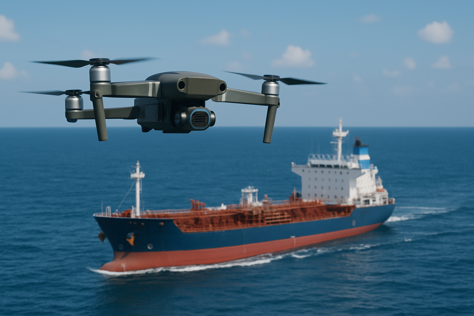 Mavic 2 drone near a ship. Dfend Solutions' counter drone for maritime